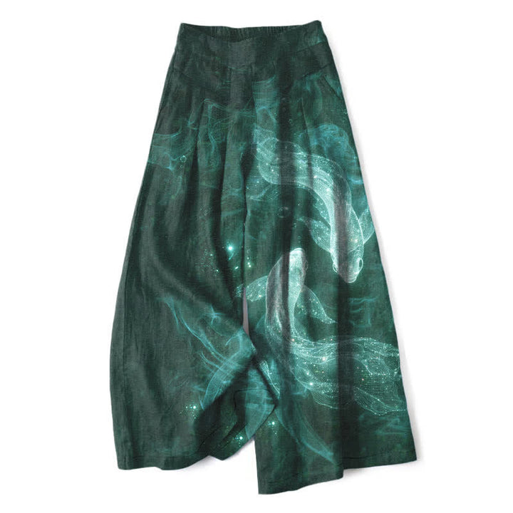 Buddha Stones Cotton Linen Mystic Fish Pattern Women's Elastic Waist Wide Leg Pants With Pockets - Teal - US16，UK/AU20，EU48 (3XL) - image 7