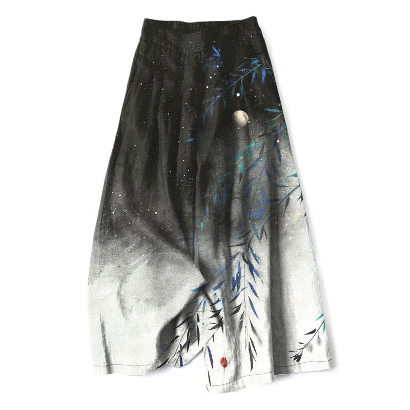 Buddha Stones Cotton Linen Moonlit Bamboo Pattern Women's Elastic Waist Wide Leg Pants With Pockets - Black - US16，UK/AU20，EU48 (3XL) - image 0