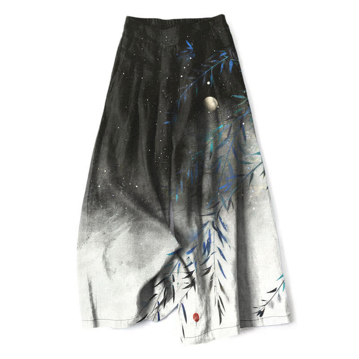 Buddha Stones Cotton Linen Moonlit Bamboo Pattern Women's Elastic Waist Wide Leg Pants With Pockets - Black - US16，UK/AU20，EU48 (3XL) - image 0