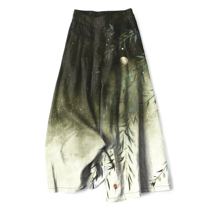 Buddha Stones Cotton Linen Moonlit Bamboo Pattern Women's Elastic Waist Wide Leg Pants With Pockets - DarkOliveGreen - US16，UK/AU20，EU48 (3XL) - image 5