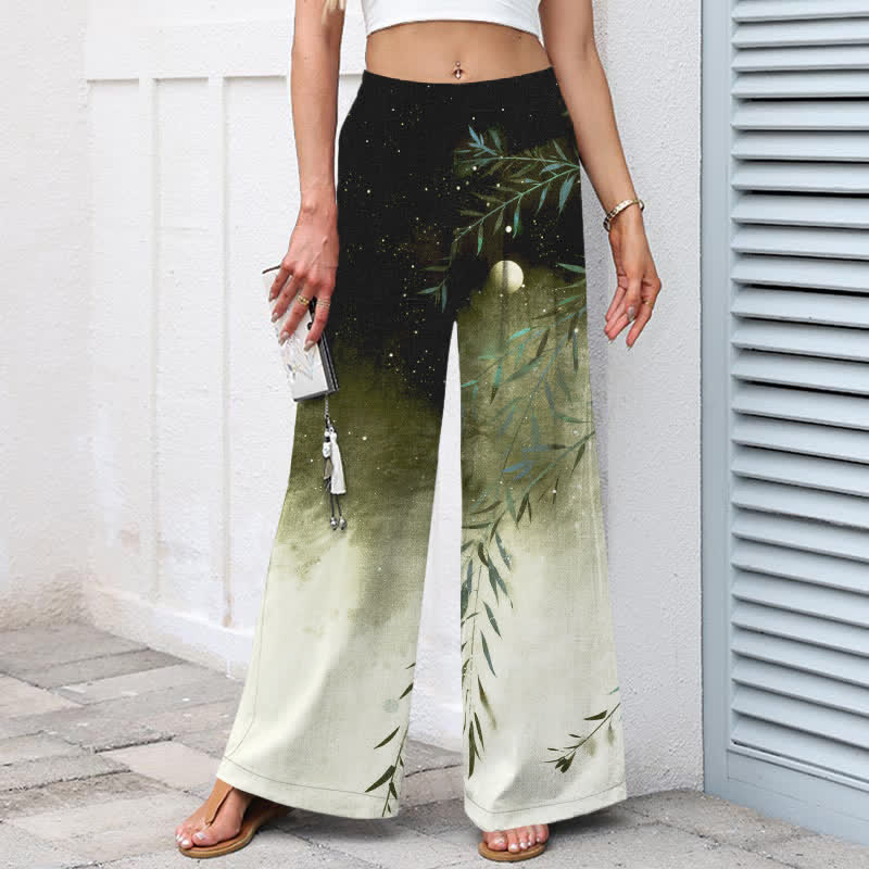 Buddha Stones Cotton Linen Moonlit Bamboo Pattern Women's Elastic Waist Wide Leg Pants With Pockets - image 6