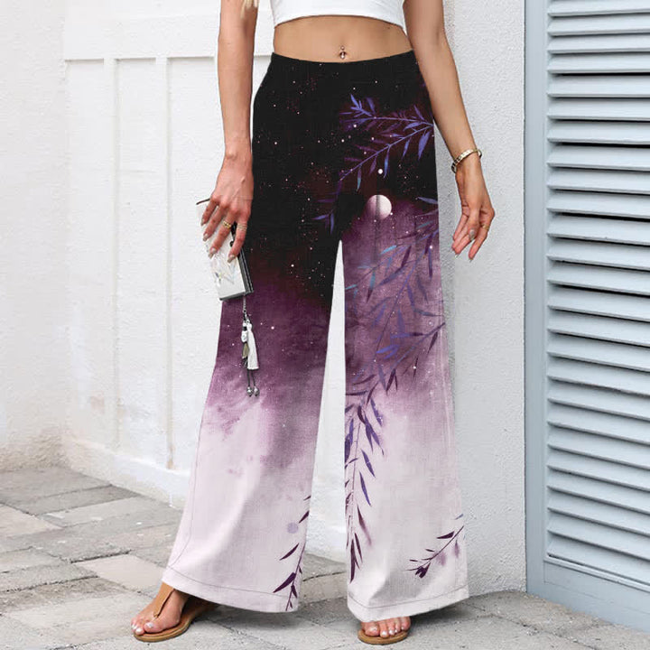 Buddha Stones Cotton Linen Moonlit Bamboo Pattern Women's Elastic Waist Wide Leg Pants With Pockets - image 8