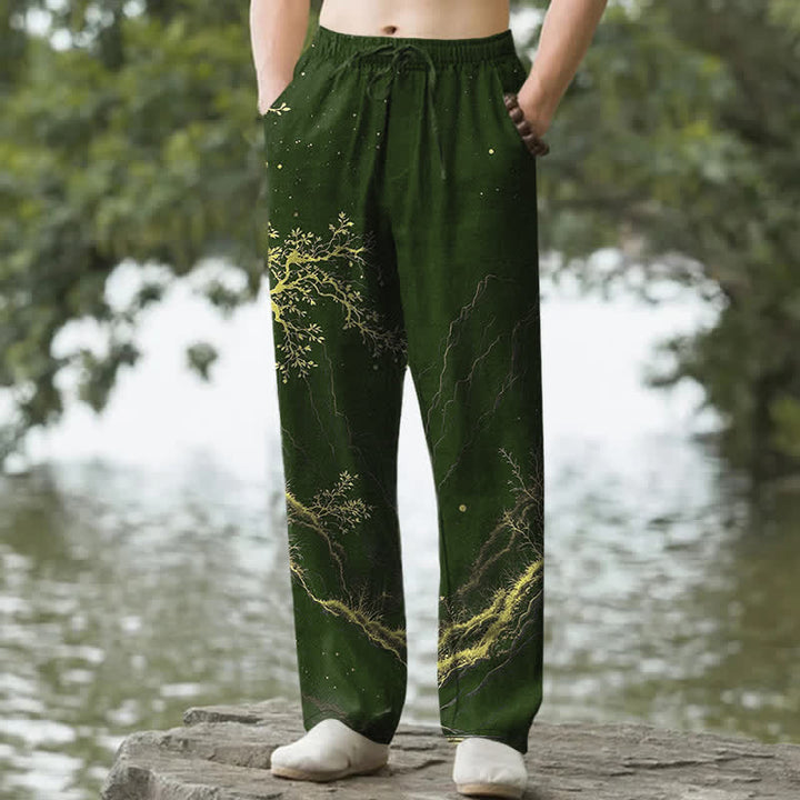 Buddha Stones Cotton Branch Pattern Men's Tapered Pants With Pockets - ForestGreen - US/UK/AU50，EU60 (5XL) - image 6