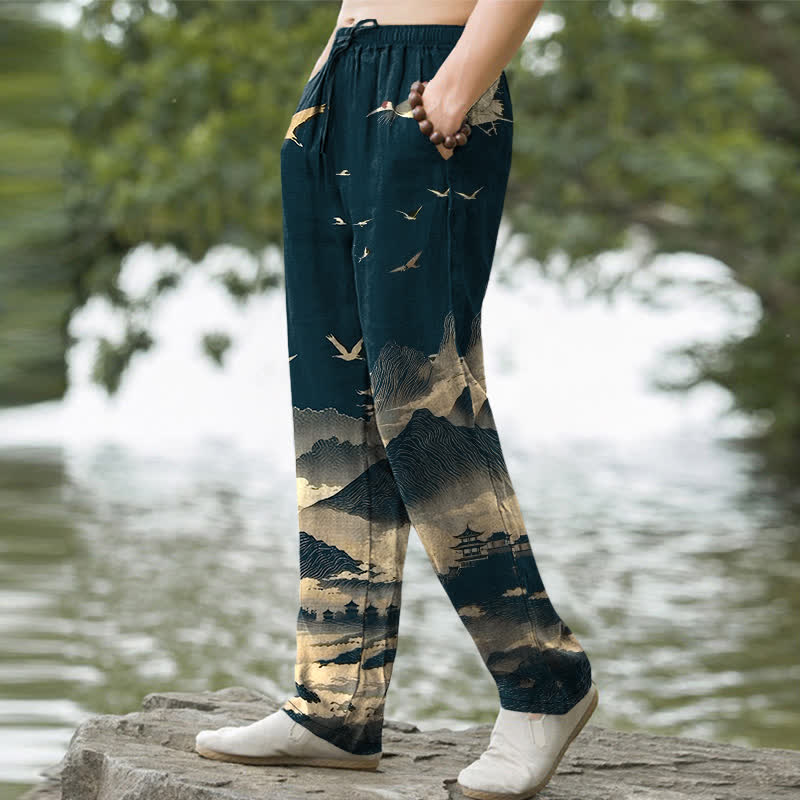 Buddha Stones Cotton Mountain Temple Bird Pattern Men's Tapered Pants With Pockets - image 1