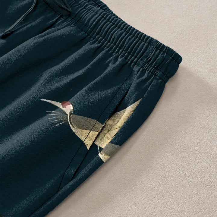 Buddha Stones Cotton Mountain Temple Bird Pattern Men's Tapered Pants With Pockets - image 2