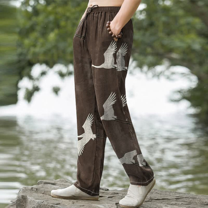 Buddha Stones Cotton White Flying Crane Pattern Men's Tapered Pants With Pockets - image 5