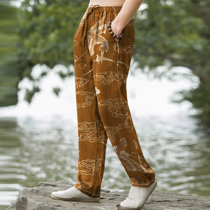 Buddha Stones Cotton Crane Cloud Floral Pattern Men's Tapered Pants With Pockets - image 1