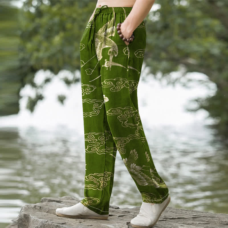 Buddha Stones Cotton Crane Cloud Floral Pattern Men's Tapered Pants With Pockets - image 5