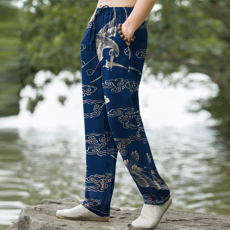 Buddha Stones Cotton Crane Cloud Floral Pattern Men's Tapered Pants With Pockets - image 7