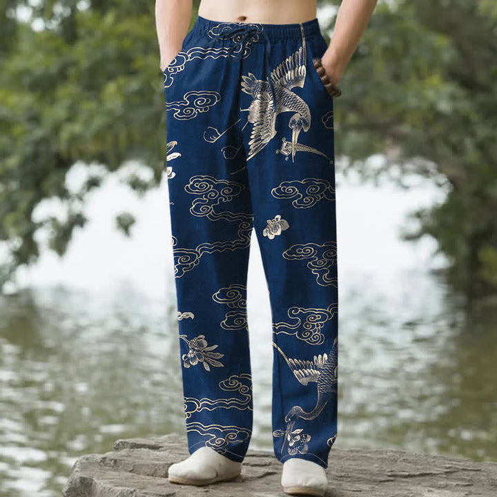 Buddha Stones Cotton Crane Cloud Floral Pattern Men's Tapered Pants With Pockets - Navy - US/UK/AU50，EU60 (5XL) - image 6