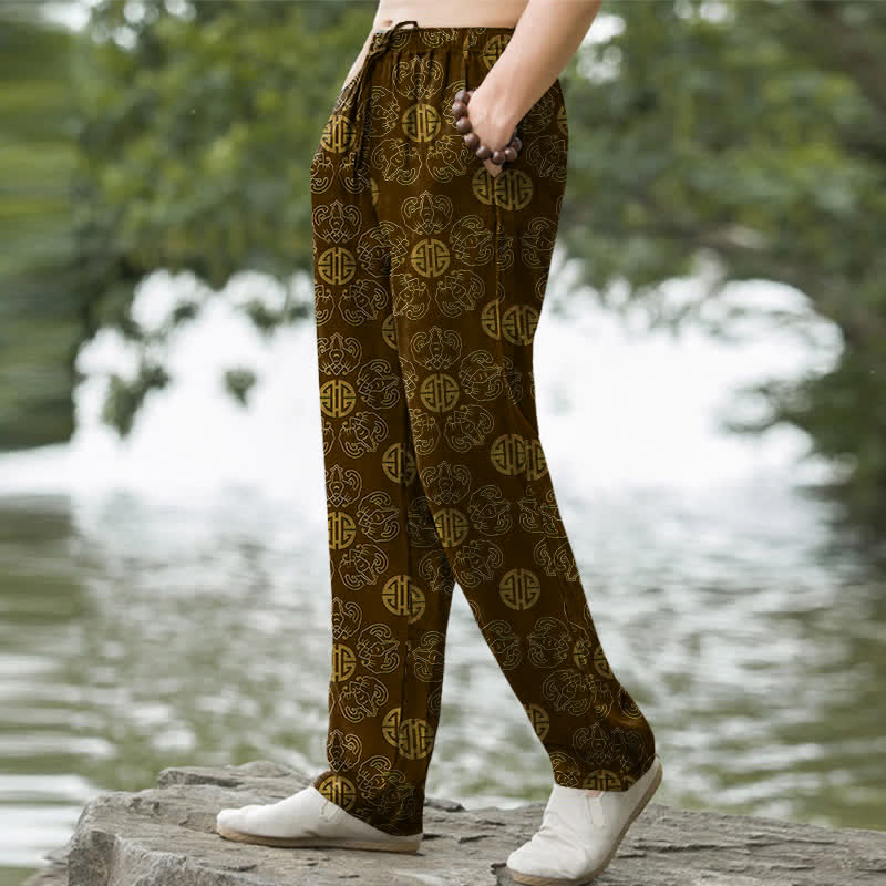 Buddha Stones Cotton Auspicious Round Badge Floral Pattern Men's Tapered Pants With Pockets - image 1