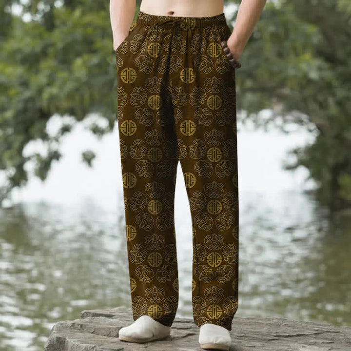 Buddha Stones Cotton Auspicious Round Badge Floral Pattern Men's Tapered Pants With Pockets - SaddleBrown - US/UK/AU50，EU60 (5XL) - image 0