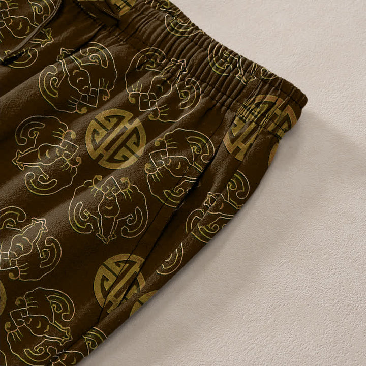 Buddha Stones Cotton Auspicious Round Badge Floral Pattern Men's Tapered Pants With Pockets - image 2