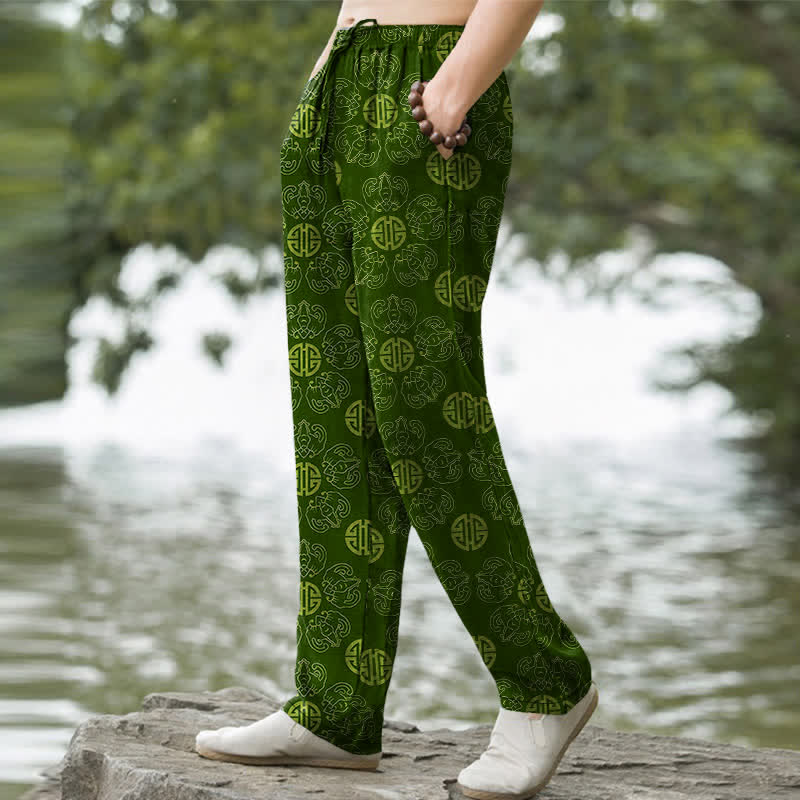 Buddha Stones Cotton Auspicious Round Badge Floral Pattern Men's Tapered Pants With Pockets - image 5