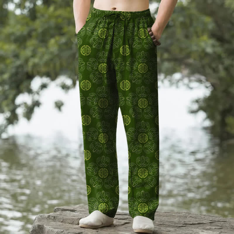 Buddha Stones Cotton Auspicious Round Badge Floral Pattern Men's Tapered Pants With Pockets - ForestGreen - US/UK/AU50，EU60 (5XL) - image 4