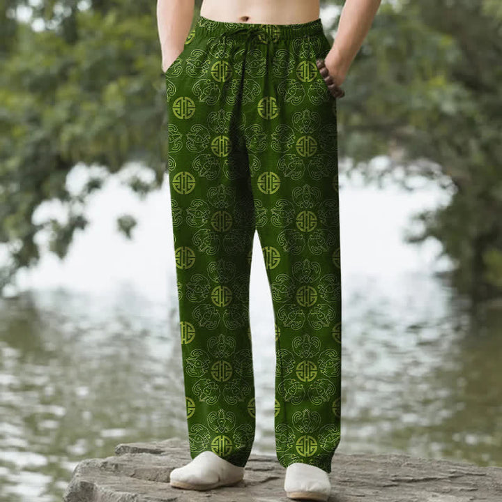Buddha Stones Cotton Auspicious Round Badge Floral Pattern Men's Tapered Pants With Pockets - ForestGreen - US/UK/AU50，EU60 (5XL) - image 4