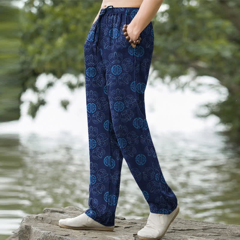 Buddha Stones Cotton Auspicious Round Badge Floral Pattern Men's Tapered Pants With Pockets - image 7