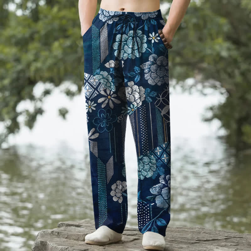 Buddha Stones Cotton Bohemian Floral Patchwork Pattern Men's Tapered Pants With Pockets - Navy - US/UK/AU50，EU60 (5XL) - image 0