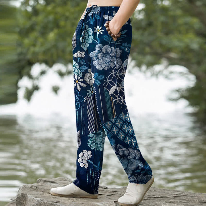 Buddha Stones Cotton Bohemian Floral Patchwork Pattern Men's Tapered Pants With Pockets - image 1