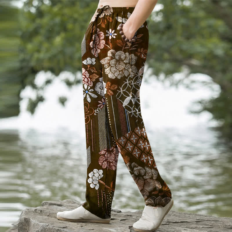 Buddha Stones Cotton Bohemian Floral Patchwork Pattern Men's Tapered Pants With Pockets - image 5