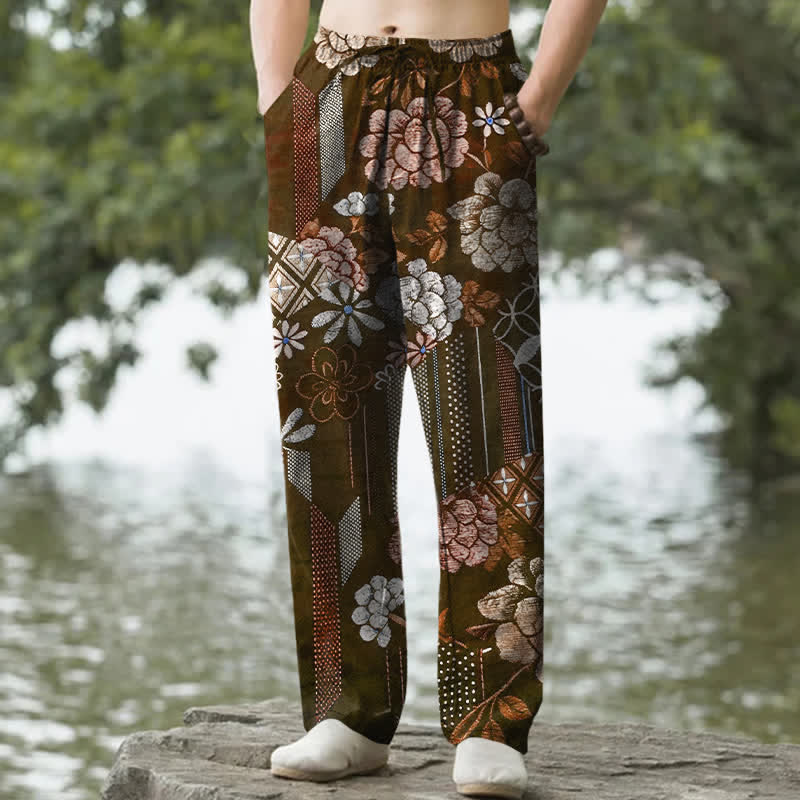 Buddha Stones Cotton Bohemian Floral Patchwork Pattern Men's Tapered Pants With Pockets - SaddleBrown - US/UK/AU50，EU60 (5XL) - image 4