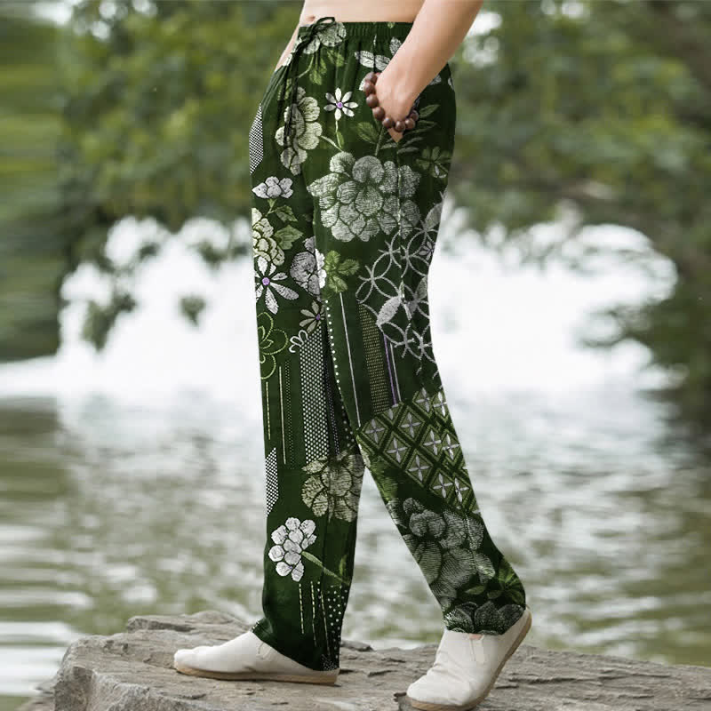 Buddha Stones Cotton Bohemian Floral Patchwork Pattern Men's Tapered Pants With Pockets - image 7