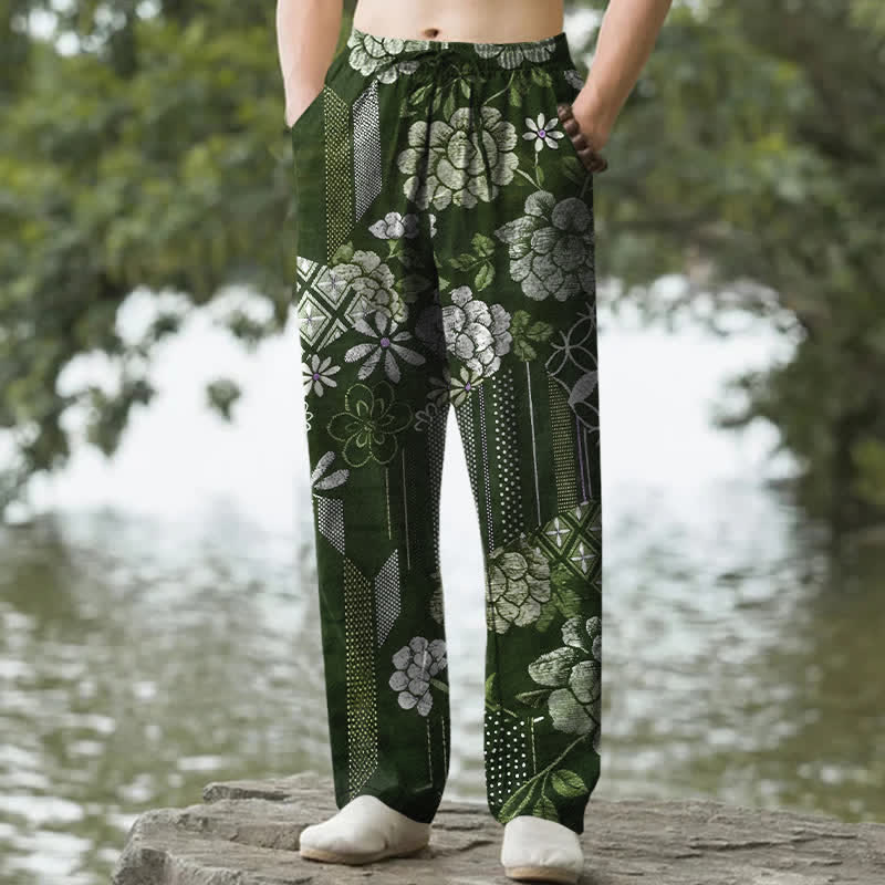 Buddha Stones Cotton Bohemian Floral Patchwork Pattern Men's Tapered Pants With Pockets - ForestGreen - US/UK/AU50，EU60 (5XL) - image 6