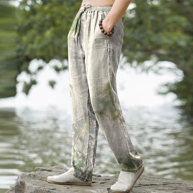 Buddha Stones Cotton Washed Bamboo Pattern Men's Tapered Pants With Pockets - image 1