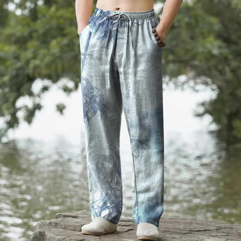 Buddha Stones Cotton Washed Bamboo Pattern Men's Tapered Pants With Pockets - PowderBlue - US/UK/AU50，EU60 (5XL) - image 4