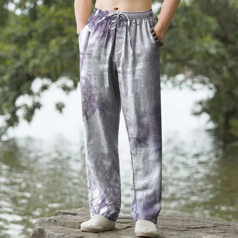 Buddha Stones Cotton Washed Bamboo Pattern Men's Tapered Pants With Pockets - Lavender - US/UK/AU50，EU60 (5XL) - image 6