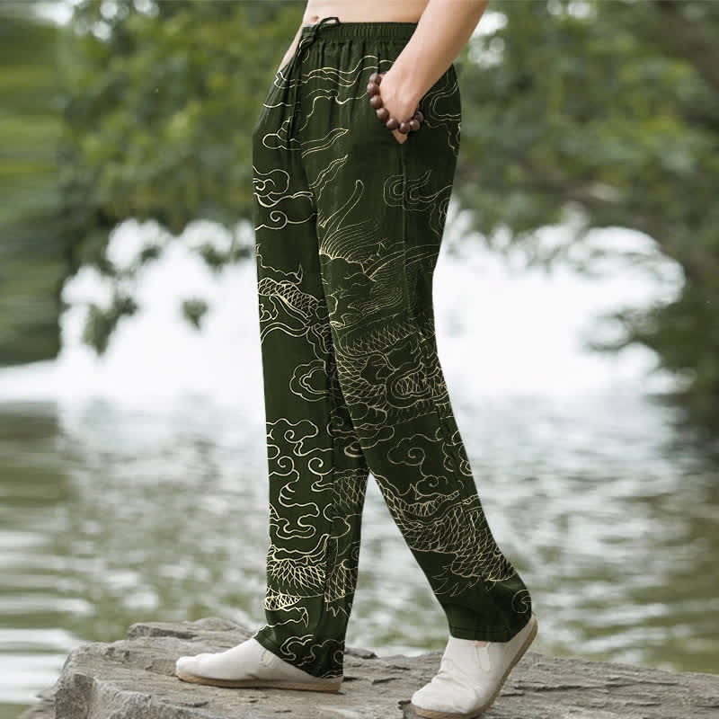 Buddha Stones Cotton Flying Dragon Chasing The Sun Pattern Men's Tapered Pants With Pockets - image 1