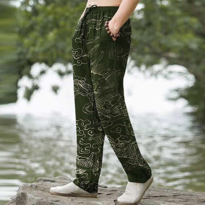 Buddha Stones Cotton Flying Dragon Chasing The Sun Pattern Men's Tapered Pants With Pockets - image 1