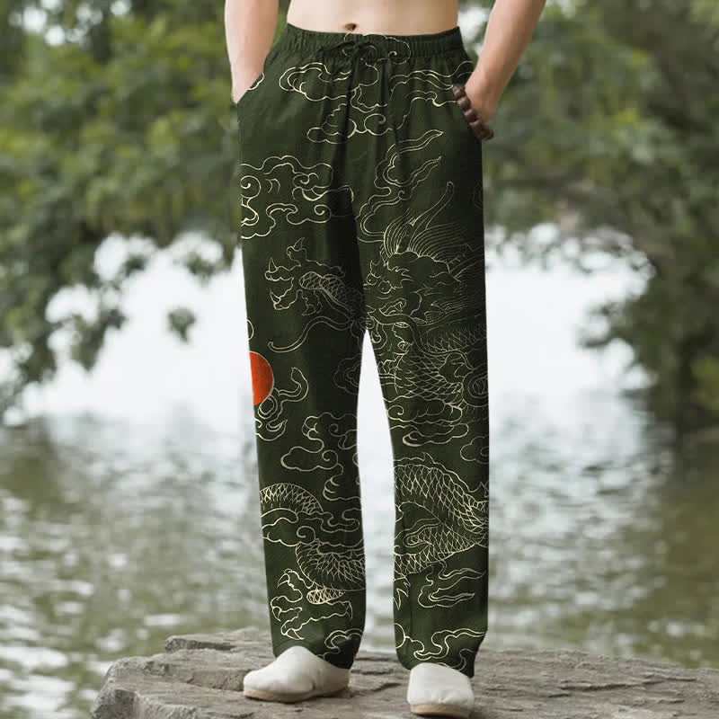 Buddha Stones Cotton Flying Dragon Chasing The Sun Pattern Men's Tapered Pants With Pockets - DarkOliveGreen - US/UK/AU50，EU60 (5XL) - image 0