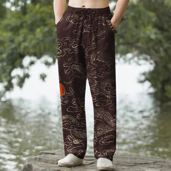 Buddha Stones Cotton Flying Dragon Chasing The Sun Pattern Men's Tapered Pants With Pockets - SaddleBrown - US/UK/AU50，EU60 (5XL) - image 4