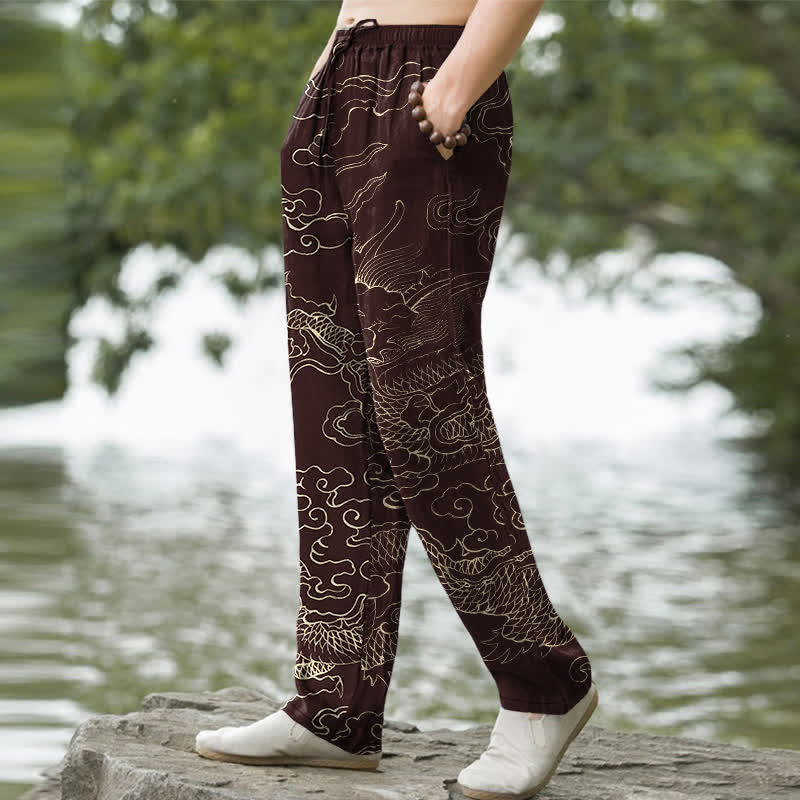 Buddha Stones Cotton Flying Dragon Chasing The Sun Pattern Men's Tapered Pants With Pockets - image 5
