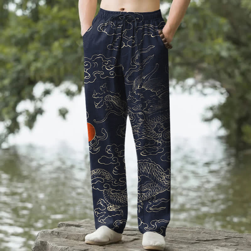 Buddha Stones Cotton Flying Dragon Chasing The Sun Pattern Men's Tapered Pants With Pockets - Navy - US/UK/AU50，EU60 (5XL) - image 6