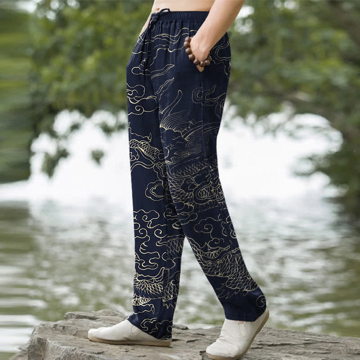 Buddha Stones Cotton Flying Dragon Chasing The Sun Pattern Men's Tapered Pants With Pockets - image 7