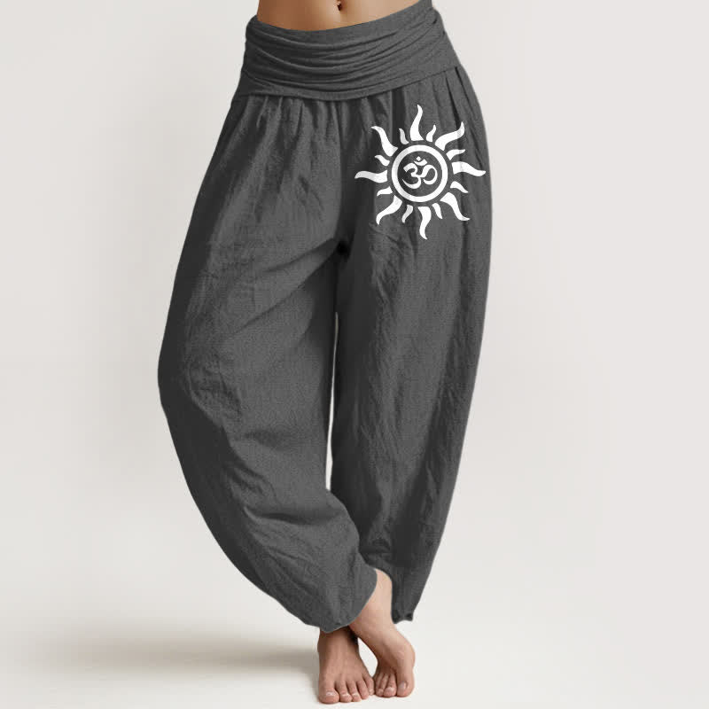 Buddha Stones Pure Cotton Sun Om Pattern Women's Elastic Waist Harem Pants - DimGray - US16，UK/AU20，EU48 (3XL) - image 8