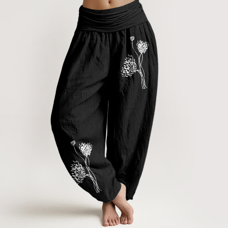 Buddha Stones Pure Cotton Botanical Pattern Women's Elastic Waist Harem Pants - Black - US16，UK/AU20，EU48 (3XL) - image 5