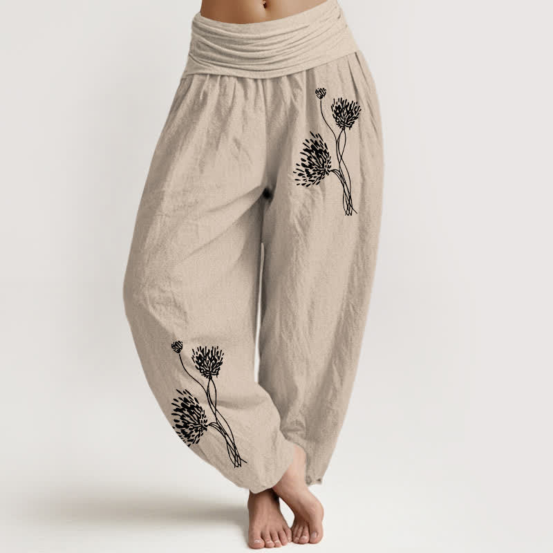 Buddha Stones Pure Cotton Botanical Pattern Women's Elastic Waist Harem Pants - Tan - US16，UK/AU20，EU48 (3XL) - image 0