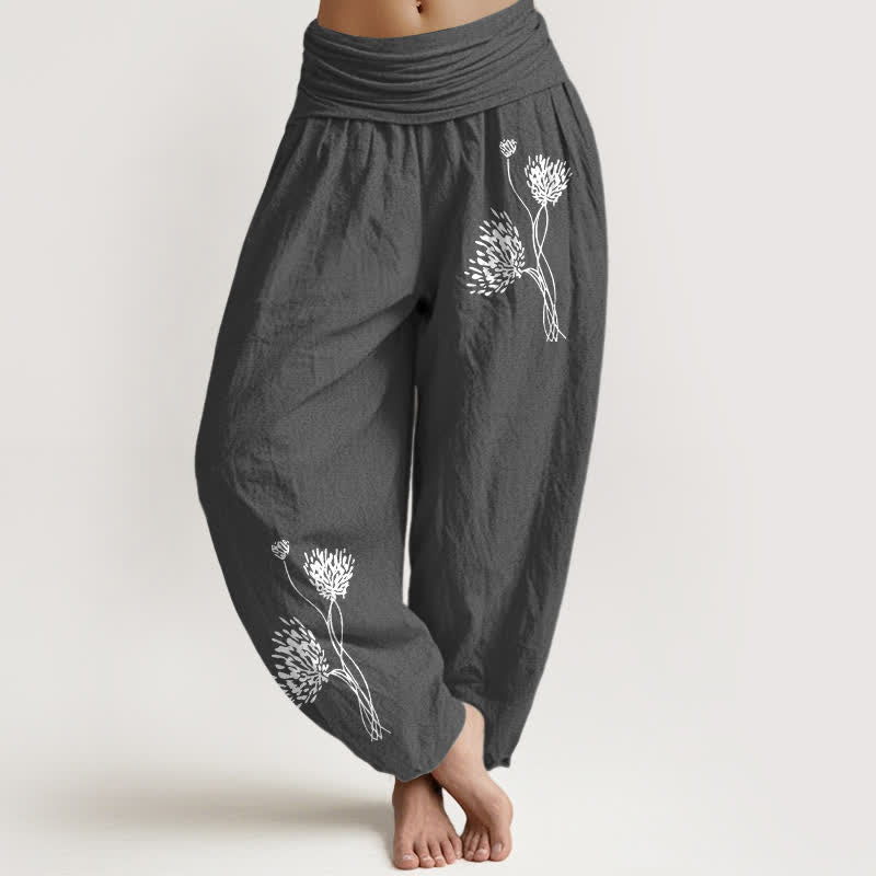 Buddha Stones Pure Cotton Botanical Pattern Women's Elastic Waist Harem Pants - DimGray - US16，UK/AU20，EU48 (3XL) - image 11