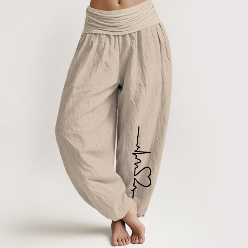 Buddha Stones Pure Cotton Heartbeat Heart Pattern Women's Elastic Waist Harem Pants - Tan - US16，UK/AU20，EU48 (3XL) - image 0