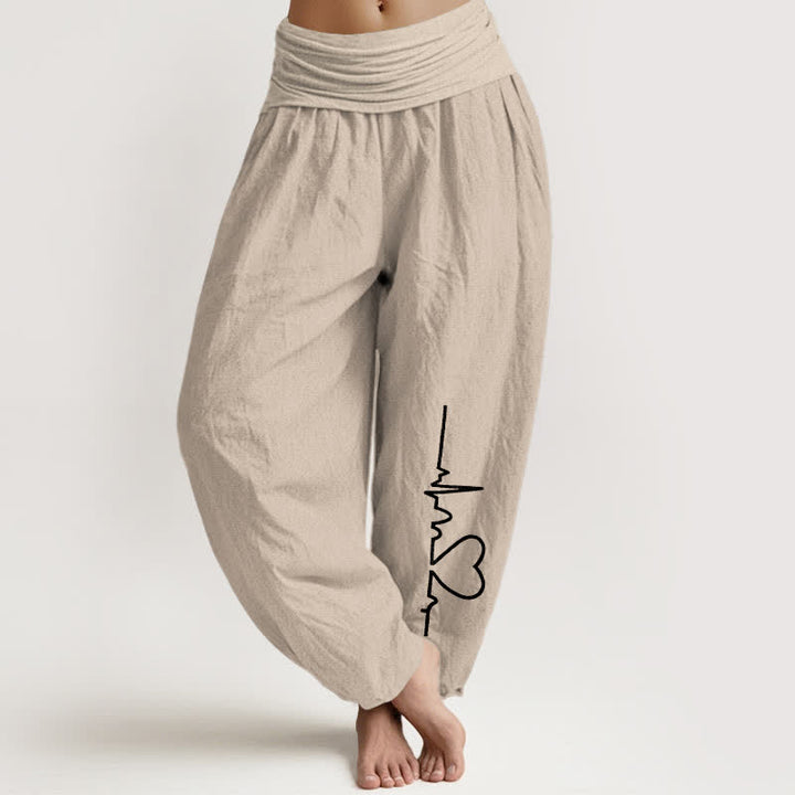 Buddha Stones Pure Cotton Heartbeat Heart Pattern Women's Elastic Waist Harem Pants - Tan - US16，UK/AU20，EU48 (3XL) - image 0