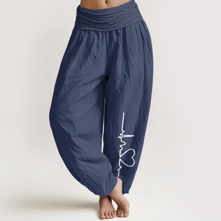 Buddha Stones Pure Cotton Heartbeat Heart Pattern Women's Elastic Waist Harem Pants - DarkSlateBlue - US16，UK/AU20，EU48 (3XL) - image 8