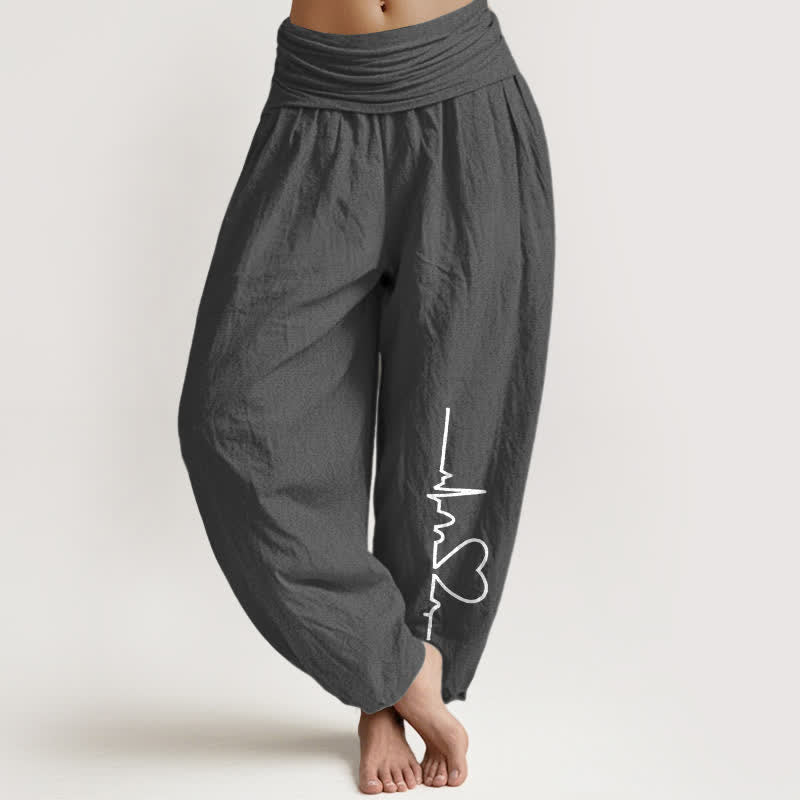 Buddha Stones Pure Cotton Heartbeat Heart Pattern Women's Elastic Waist Harem Pants - DimGray - US16，UK/AU20，EU48 (3XL) - image 11