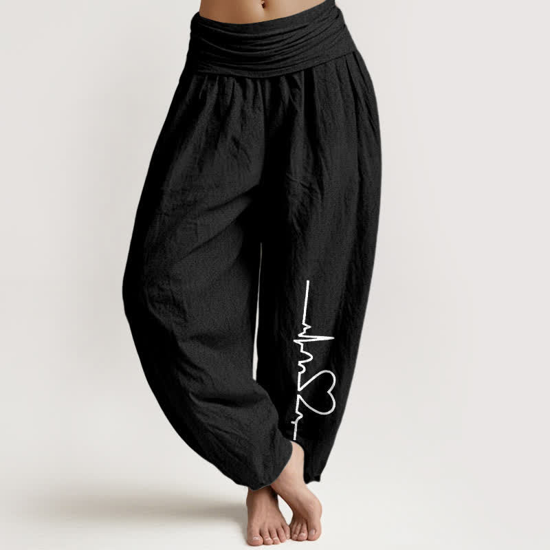 Buddha Stones Pure Cotton Heartbeat Heart Pattern Women's Elastic Waist Harem Pants - Black - US16，UK/AU20，EU48 (3XL) - image 5