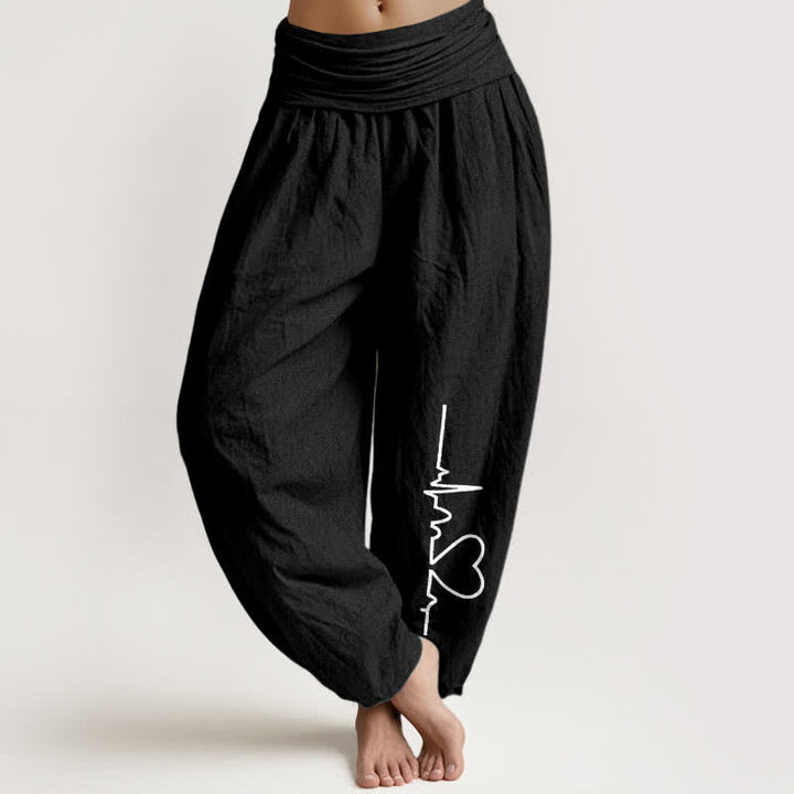 Buddha Stones Pure Cotton Heartbeat Heart Pattern Women's Elastic Waist Harem Pants - Black - US16，UK/AU20，EU48 (3XL) - image 5