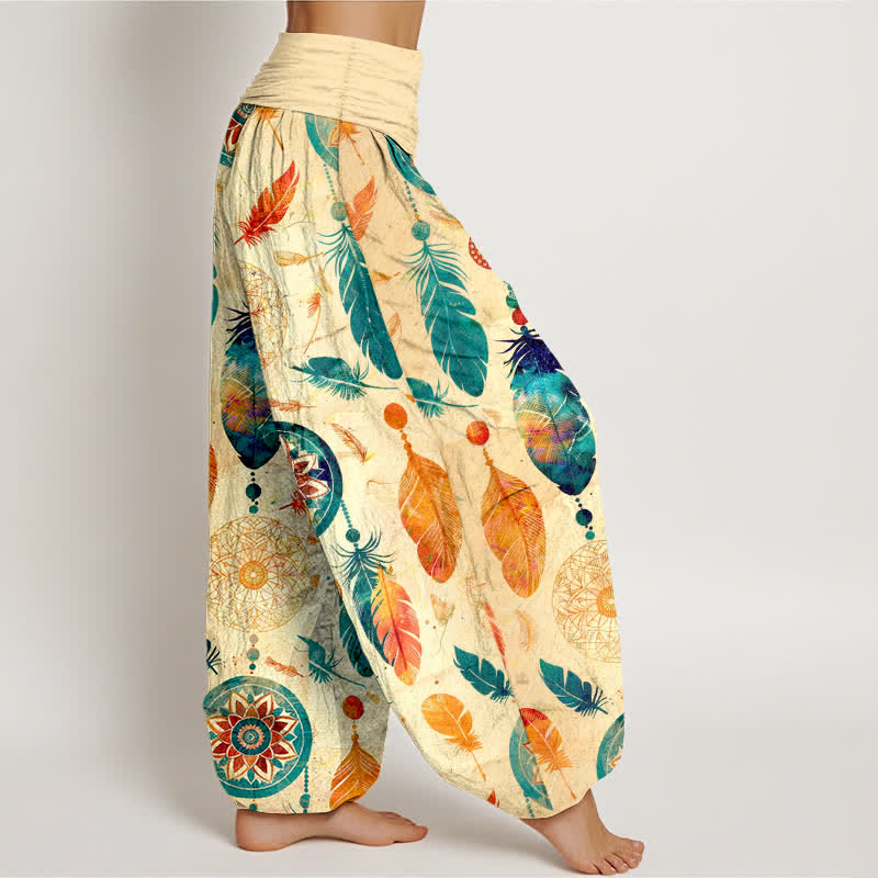 Buddha Stones Pure Cotton Dreamcatcher Feather Pattern Women's Elastic Waist Harem Pants - image 1