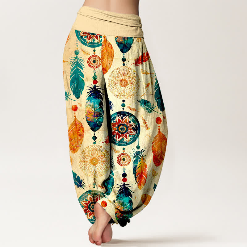 Buddha Stones Pure Cotton Dreamcatcher Feather Pattern Women's Elastic Waist Harem Pants - image 2