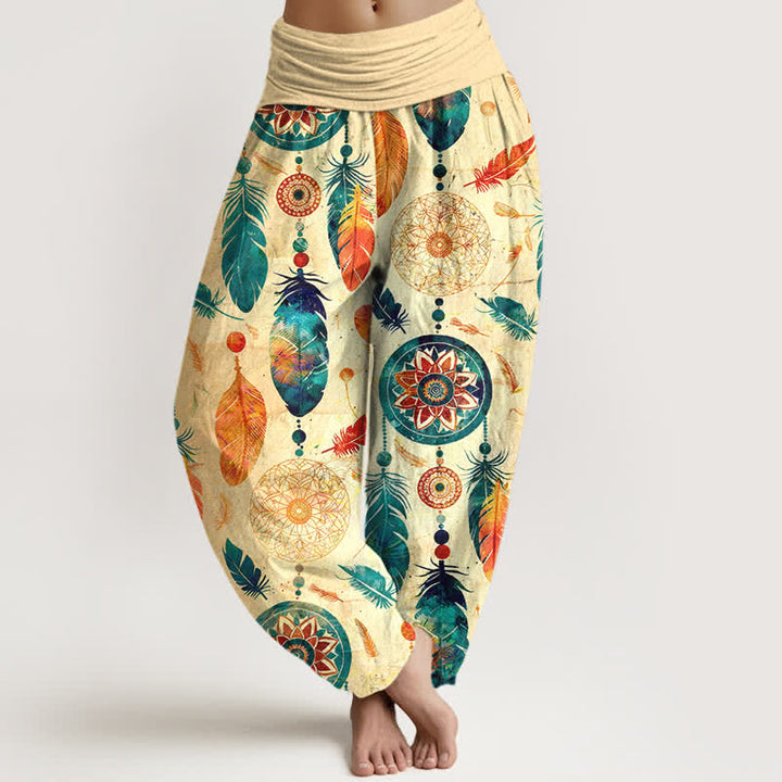 Buddha Stones Pure Cotton Dreamcatcher Feather Pattern Women's Elastic Waist Harem Pants - Wheat - US16，UK/AU20，EU48 (3XL) - image 0